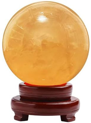 HHCTEBEC Bola de Cristal, Adorno de Bola Piedra De Cristal Amarillo Natural con Base de Madera para Bola Decorativa AdivinacióN Feng Shui Bola de AdivinacióN,Yellow-6cm/2.4in