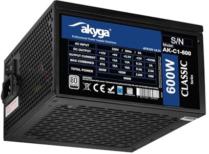Akyga ATX - Fuente de alimentación (600 W, AK-C1-600, P4+4, 2 PCI-E de 6 + 2 Pines, 5 Unidades, SATA, 3X, Ventilador de APFC, 12 cm, 80 Plus)