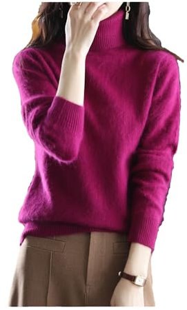 Suéter de cuello alto para mujer, 100 % cachemira de visón liso, suéter de punto suave, fucsia, L