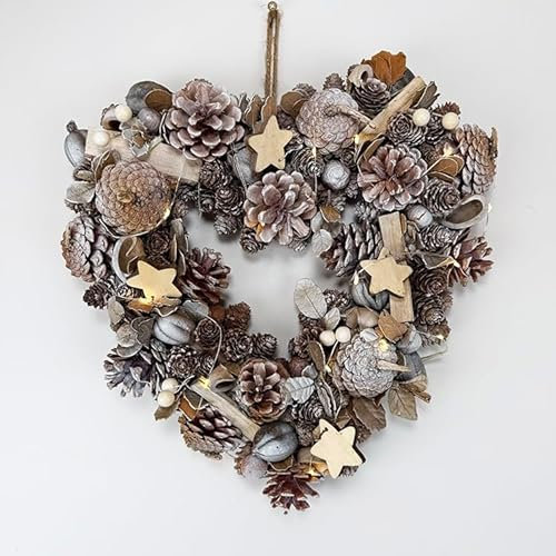 pf+a Heart-Shaped Christmas Wreath - LED Christmas Wreath With Pine Cones, Dried Flowers, and Wooden Stars