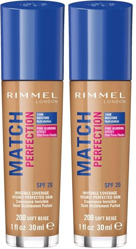Rimmel - Fond de Teint Match Perfection - Couvrance Légère - Hydratation 24H - 200 Soft Beige - 30ml (Lot de 2)