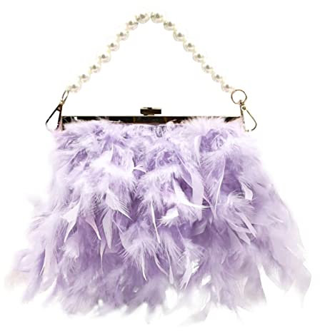 Pochette a mano con catena di perle e piume, borsa da donna e da uomo, Viola, Taglia unica