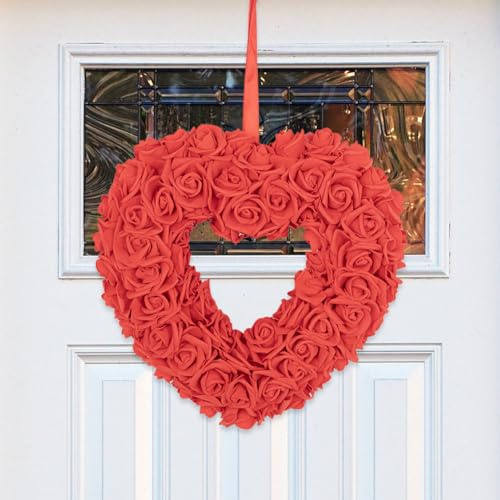 JOYWU Heart Shaped Rose Wreath,35cm Valentine’s Day Floral Wreath with Ribbons,Artificial Rose Flowers Wreath,Heart-Shaped Wreath for Front Door,Valentine’s Day Wedding Decoration (red)
