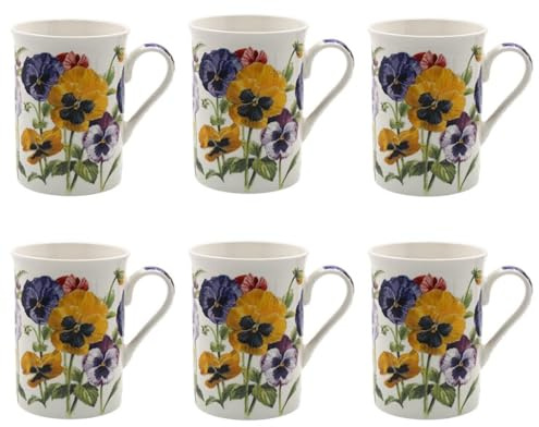 Tamersgifts Fine China Floral Mugs, 300ml Capacity, Set of 6, Assorted Garden Flower Designs (6 Pansy Coffee Mugs)