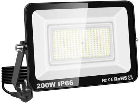 SKYWORLD Faretto LED da Esterno, 200W 20000LM Faretti Led con Spina | Proiettore Fari di sicurezza, IP66 Impermeabile Lampada Faro per Terrazza Giardino Cortile Patio Garage, 6000K Bianca Fredda
