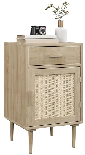 HOMCOM Boho Style Bedside Table Drawer Rattan Cabinet Natural Wood Effect
