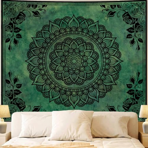 Apdidl Boho Mandala Green Tapestry for Bedroom Aesthetic, Hippie Indian Vintage Floral Decor Wall Hanging, Bohemian Ceiling Flower Plants Art Backdrop Wall Tapestries for Dorm Living Room 51 X 60