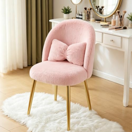 Bonnlo Esszimmerstuhl, Schminktisch Stuhl mit Schleifenkissen & Verstellbaren Goldbeinen, Schminkstuhl für Mädchen Schlafzimmer Wohnzimmer Küchen Esszimmer, Plüsch, Rosa