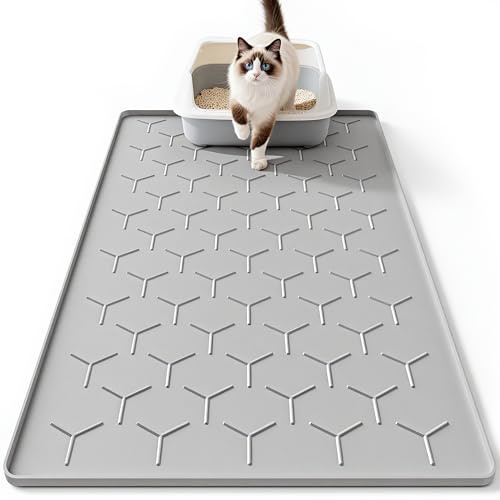 Katzenklo Matte aus Silikon, 61x41cm - Rutschfester Untersetzer zum Streu auffangen & Pfoten reinigen, Wasserdicht & leicht zu reinigen，Grau