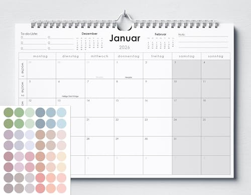 Huurdies® Wandkalender 2026 – A4+ - Monatskalender mit Feiertagen, To-do-Liste, Notizen & 48 Morandi Stickern – Spiralbindung & Aufhänger – 22 x 32 cm