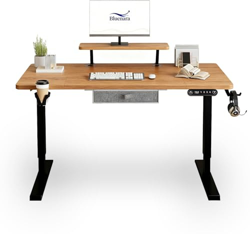 Bluenara – höjdjusterbart skrivbord elektriskt med LED-display och bildskärmstativ, 140 x 76 cm ståbord – höjdjusterbart bord för hemmakontor, antik träutseende