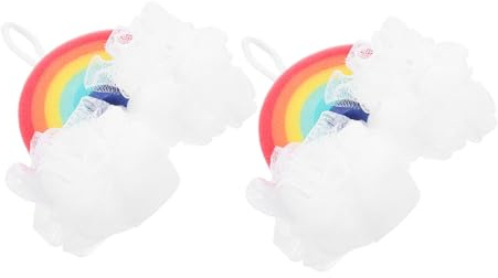 LOORGVEL 2 Stück Regenbogen Badebälle aus Weichem Schwamm mit Sanftem Körperhautpeeling und Aufhängeschlaufe für Bad und Dusche