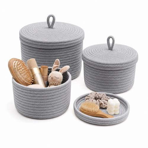 Muchfun 3er Set Runde Aufbewahrungskörbe mit Deckel, HandgeflochteneKörbe AufbewahrungBaumwollseil, 2 Untersetzer,Korb mit Deckel Rundfür Bad Wohnzimmer Kinderzimmer (Grau, Rund)