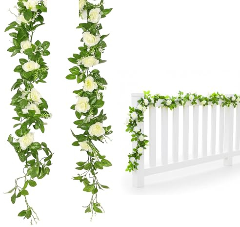 QhgPnt Flower Garland, White Flowers Garlands Decoration, Artificial Floral Garlands for Wedding Decor, Wedding Arch Flowers, 2 Pack 220cm Garland