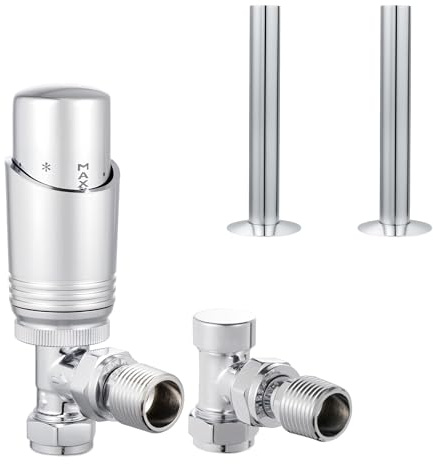 VANCOCO Chrome Thermostatic Radiator Valve 1/2×15mm Angled with Lockshield + 130mm×18mm Radiator Pipe Covers, Thermostat TRV Set, H62 Brass, Energy Saving