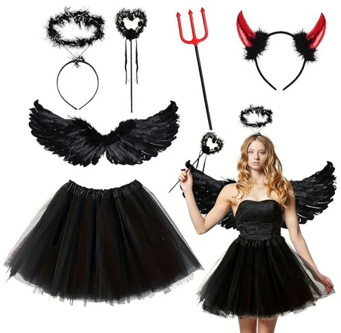HSYWSH 6 Stück Schwarz Engel Kostüm Damen Set,Engel Teufel Kostüm Damen,Teufel KostümDamen mit Tütü Rock, Heiligenschein, Zauberstab für Halloween Karneval Cosplay Fasching Verkleidung (schwarz)