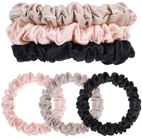 DOPENSPI 3 Stück Haargummi Seide,19 Momme Maulbeerseide Seiden Haargummis Damen Schwarz Rosa Beige dünne Haarschmuck Gummiband Seide Haarringe für Damen Silk Scrunchies