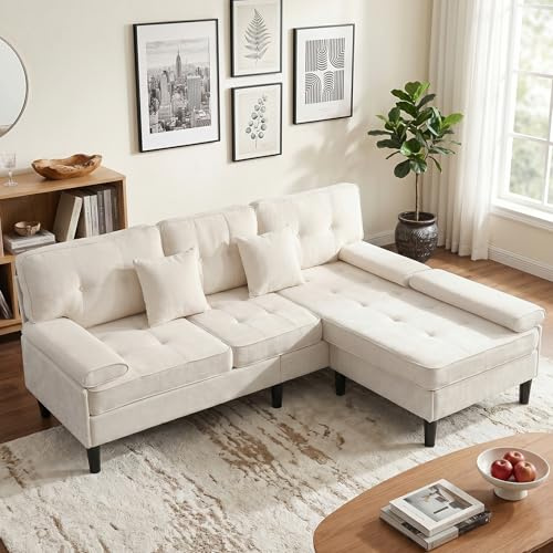 Ecksofa mit Schlaffunktion, 195 cm Modulares L-Form 3-Sitzer Schlafsofa mit beweglicher Ottomane, Chenille Couch mit Hocker & Chaiselongue für Wohnzimmer, Apartment, Kleine Räume, WG-Zimmer, Beige