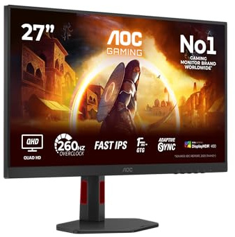 AOC Q27G4ZRAD Gaming Monitor 27 Pulgadas 260Hz Panel Fast IPS, 1ms GtG, HDR400, G-Sync Compatible, Altavoces, Altura Ajustable, (2560x1440 HDMI 2X 2.0 DP 1x 1.4) Negro