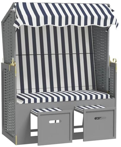 Jkghdrt Poly Rattan Strandkorb mit Massivholzrahmen, ausziehbarer Hocker und verstellbare Rückenlehne, Blau & Weiß