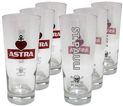 FC St. Pauli 6er Set Biergläser 0,4l Astra Becherform Schriftzug Totenkopf Herzanker-Logo
