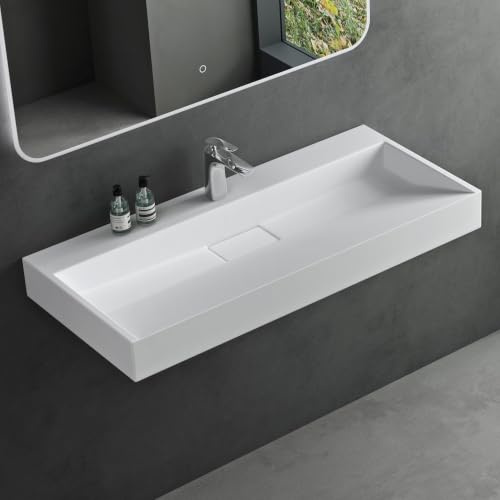 Mai & Mai Waschbecken Bad 90x46x12cm Weiß Matt inkl. Ablaufgarnitur | Aufsatzwaschbecken Hängewaschbecken Hängewaschtisch Mineralguss Rechteckig Waschplatz 1 Armaturenloch Colossum19