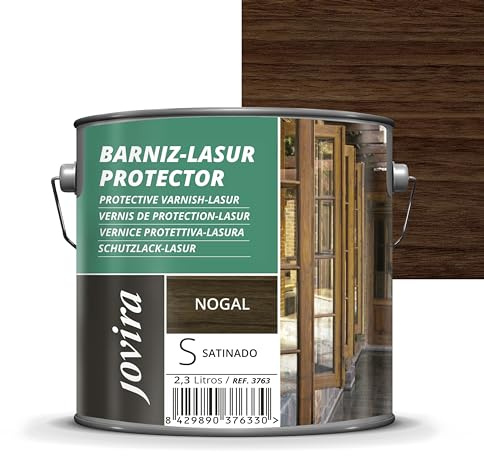 JOVIRA PINTURAS. BARNIZ LASUR PROTECTOR SATINADO (7 colores) Protege, decora y embellece todo tipo de madera (2,3 Litros, Nogal) D-05C
