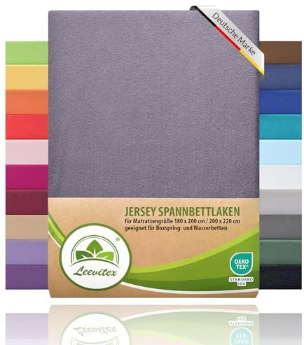 Boxspringbett & Wasserbett Spannbettlaken von leevitex® | Spannbetttuch | ÖKO-TEX | 180x200 – 200x220 cm | 100% Jersey-Baumwolle | 150 g/m² | 40 cm Steg | Platingrau