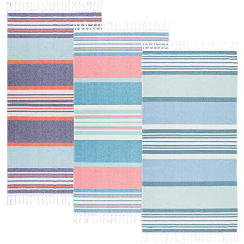 Beachland Strandtuch mit Fransen, groß, 81,3 x 160 cm, sandfrei, flach gewebt auf der Vorderseite und saugfähiges Frottee, Baumwolle, türkischer Stil, Blau / Grün / Pink, 3 Stück
