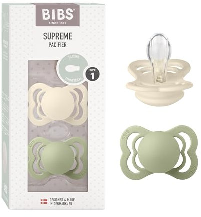 BIBS Supreme Schnuller 2er-Pack, BPA-frei, Symmetrischer Nippel. Silikon, Hergestellt in Dänemark. 0-6 Monate (2er Pack), Ivory/Sage