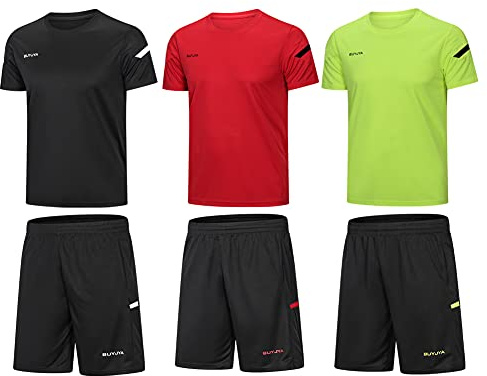 BUYJYA Herren-Trainingskleidung, athletische Shorts und Shirt-Set, 3er-Pack, für Basketball, Fußball, Training, Laufen, Fitnessstudio, Schwarz/Rot/Grün, Small