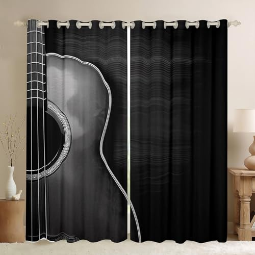 Guitar Thermal Curtains for Bedroom Music Guitars Room Darkening Thermal Curtain Classical Music Windows Drapes with Grommets Solid Door Window Treatment Home Decor,52 X 84 Inch,2 Panels,Black