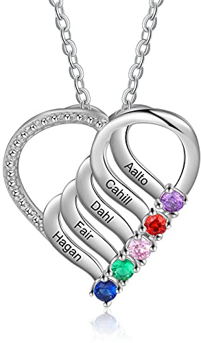 ALBERTBAND Personalisierte Kette Damen mit 2/3/4/5/6 Namen Geburtssteine Mutter Tochter Herz Halskette Geschenke für Frauen Mama Muttertag Weihnachten