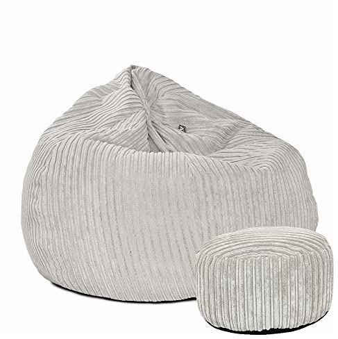 rucomfy Adult Slouchbag Beanbag Chair Bundle - Soft Corduroy - Platinum