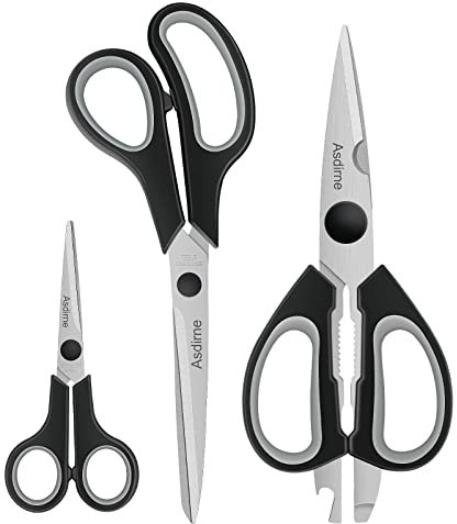 Asdirne Tijeras de cocina con cuchillas afiladas de acero inoxidable y asas suaves, juego de tijeras multifuncionales, 3 piezas, negro/gris