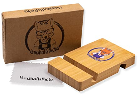HaushaltsFuchs® 100% FSC® Bambus Halterung für Smartphone und Tablet - Holz Handyhalterung und Ständer für Büro und Schreibtisch - Handyhalter für den Tisch kompatibel mit iPhone, iPad, Samsung UVM.