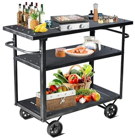 BOKKOLIK Industrieller mobiler Barwagen mit 3 Ebenen, rustikaler Servierwagen aus Metall mit Rollen und Seitengriffen, Vintage-Stil, rollbarer Küchenständer, Wagen (L x B x H): 91,9 x 40 x 77,5 cm