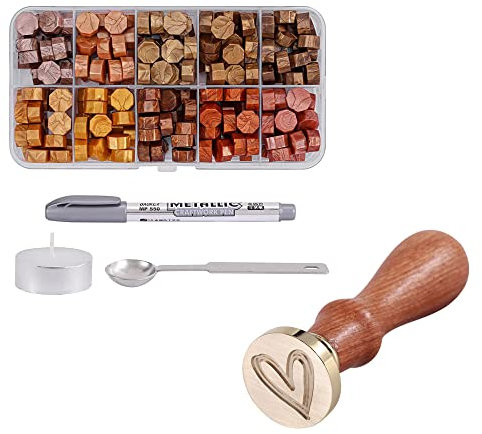 Mogokoyo Gold Wachs Siegelstempel Set 230 Stück Siegelwachs Perlen mit Siegelstempel Wachssiegel Stempel für Hochzeit Umschlägen Geschenkbox (Herz Siegelstempel)