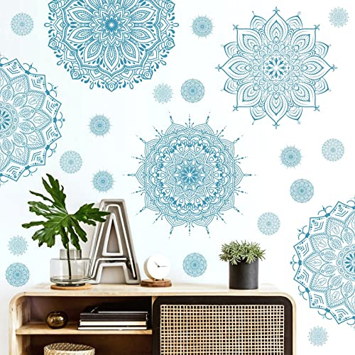 Kazova Blue Mandala Wall Sticker Half Mandala Art Wall Stickers Decor Lotus Flower Wall Decals Yoga Window Decals Removable Boho Mandalas Stickers for Bedroom Living Room Headboard Wall Decor