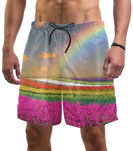 WOSHJIUK Herren-Shorts,Badehose,schnell trocknend,Feld Frühlingsblume Regenbogen,Board Short Outdoor Walk Beach Bademode