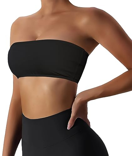 Boudaner Dam vadderad bandeau sport tub topp BH utan rem trådlös solid sömlös yoga träning bralette, Svart, M