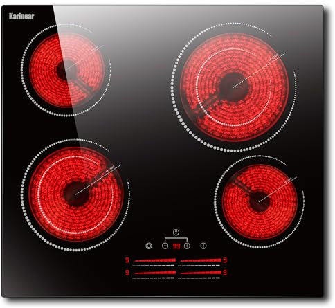 Karinear Ceramic Hob, 4 Zone Electric Hob 60cm Built-in Ceramic Cooker with Double Ring Zone Function， 6600W Hard Wired Touch Control with Child Lock, 23 * 20 * 17 inches