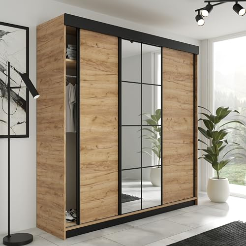 KIER FURNITURE Schiebegarderobe LAMARO mit Spiegel - Schrank Schlafzimmer – Schlafzimmerschrank – Wardrobe Bedroom – Kleiderschränke – Kleiderschrank Craft Eiche Gold – 200x205x59 cm