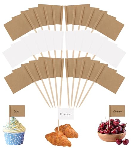 Lot de 300 cure-dents en papier kraft marron et blanc | Drapeaux à inscrire, drapeaux de cupcakes, décorations de cupcakes, gâteaux de fête, pour plats à fromage