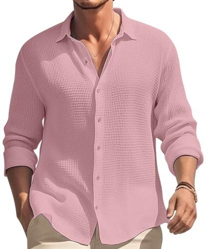 Oanviso Chemise Décontractée pour Homme Chemise Manches Longues Classique Gaufre Chemisette Printemps Chemise Élégant Chemise Slim Fit Chemise Shirts Respirantes A Rose XS