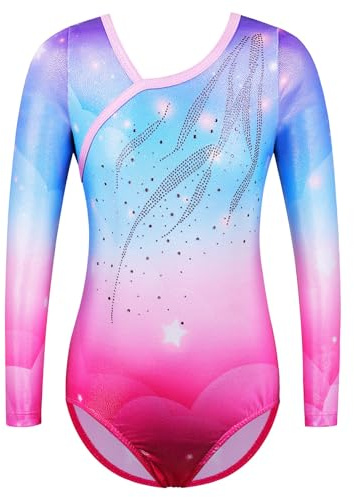 ZNYUNE 281 Mädchen Gymnastikanzug Langarm Druck Glitzer Gymnastikanzug Gymnastikanzug Pink-Blau 8A