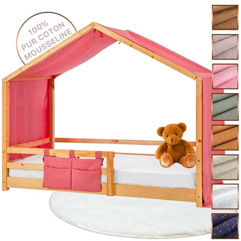 Lovely Hippo Tenda Letto Bambini 100% Cotone - Tenda Letto Montessori per Letto Bambini 80x160 e 90x190cm - Modelo 2 (Rosa Cipria/Oro, 97 x 402 cm + Astuccio)