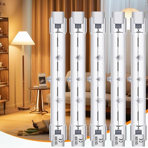 Rnyloas R7S 118MM T3 500W Bulb, 5 Pack Long Lasting R7S Halogen Bulb Dimmable, R 7S 500W 120V with R 7S Base 2800K Warm White, 118MM T3 for Work, Security, Landscape Lights, Floor Lamps