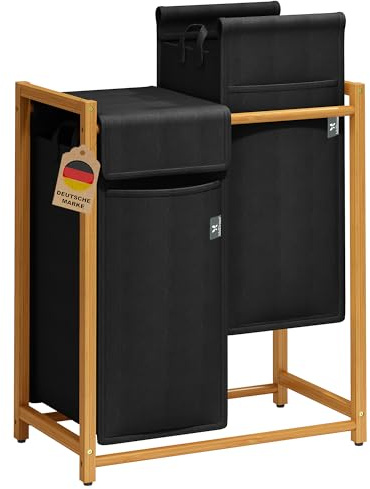 AdelDream Wäschekorb 100L – Bambus Wäschesortierer mit 2 Fächern, abnehmbarer & atmungsaktiver Wäschesack, Wäschebox für Schmutzwäsche & Aufbewahrung im Badezimmer, Waschküche & Schlafzimmer, Schwarz