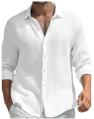 Langarm-Strickhemd für Herren, einfarbig, lässig, mit Knöpfen, für Freizeit und Urlaub Karo Hemden Herren Rot (White, XL)